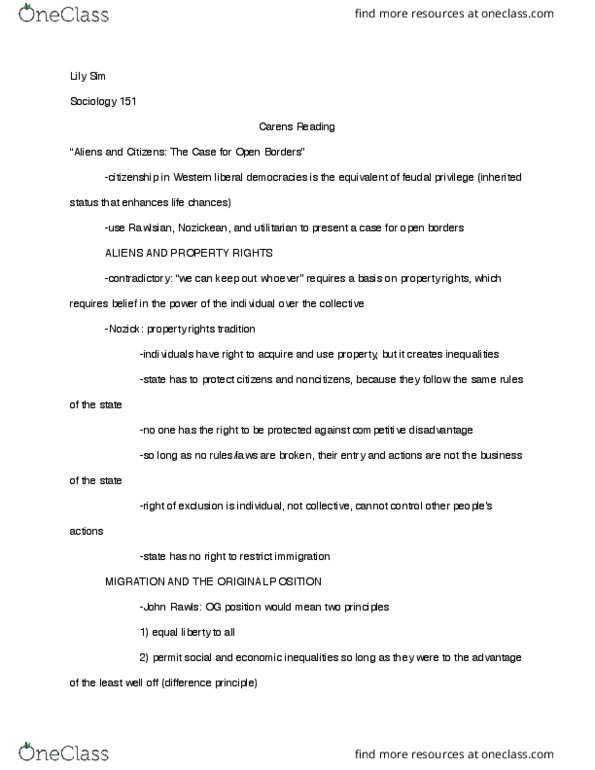 SOCIOL 151 Chapter Notes - Chapter 1: Liberal Democracy, Justice As Fairness thumbnail