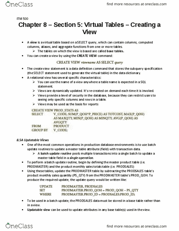 ITM 500 Lecture Notes - Lecture 10: Unique Key, Virtual Method Table, Data Definition Language thumbnail