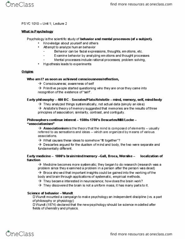 PSYC 1010 Lecture Notes - Lecture 2: Daniel Kahneman, Evolutionary Psychology, Consciousness Raising thumbnail