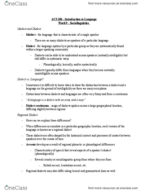 ACS 106 Lecture Notes - Lecture 8: Sociolinguistics, Isogloss, Mutual Intelligibility thumbnail
