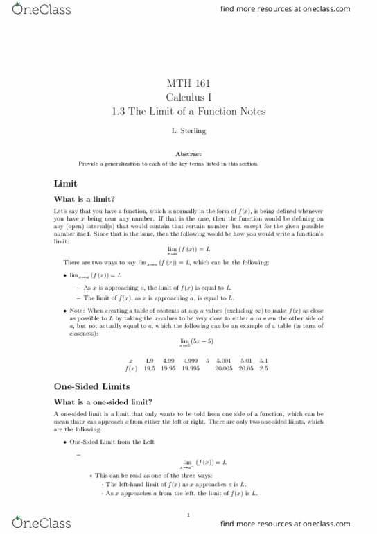 MTH 161 Lecture 4: 1.3 The Limit of a Function Notes thumbnail