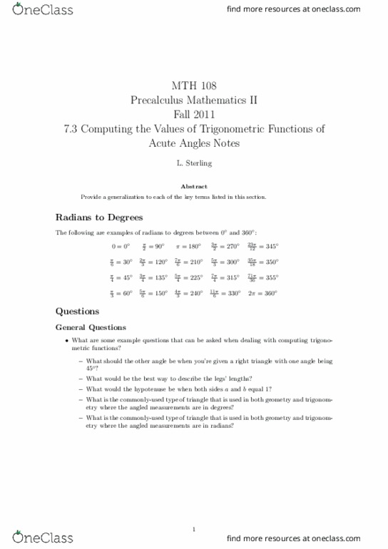 MTH 108 Lecture Notes - Lecture 4: Trigonometric Functions, Hypotenuse, Precalculus thumbnail