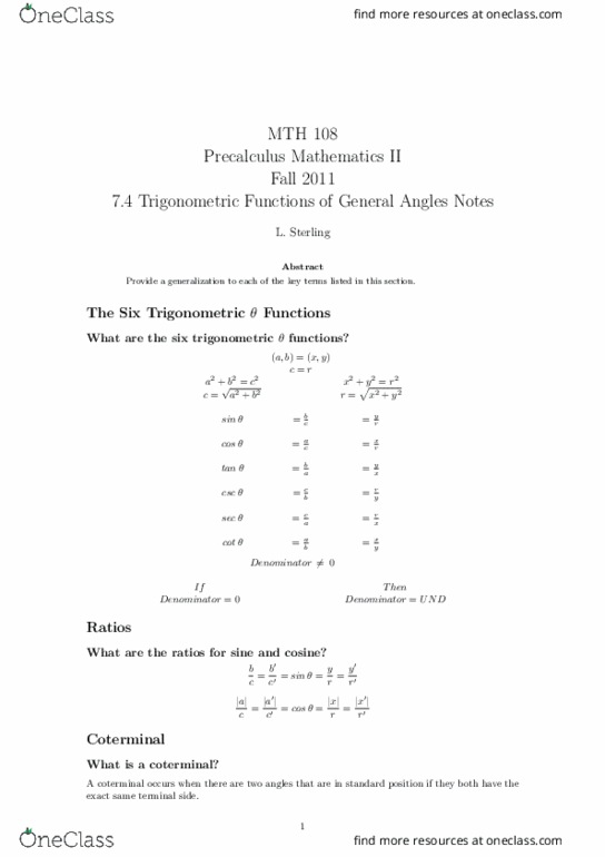 MTH 108 Lecture Notes - Lecture 5: Trigonometric Functions, Precalculus thumbnail