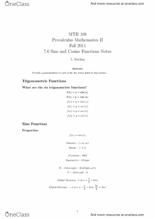 MTH 108 Lecture Notes - Lecture 7: Precalculus thumbnail