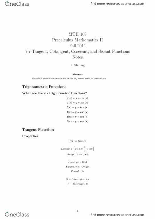 MTH 108 Lecture Notes - Lecture 8: Trigonometric Functions, Precalculus thumbnail