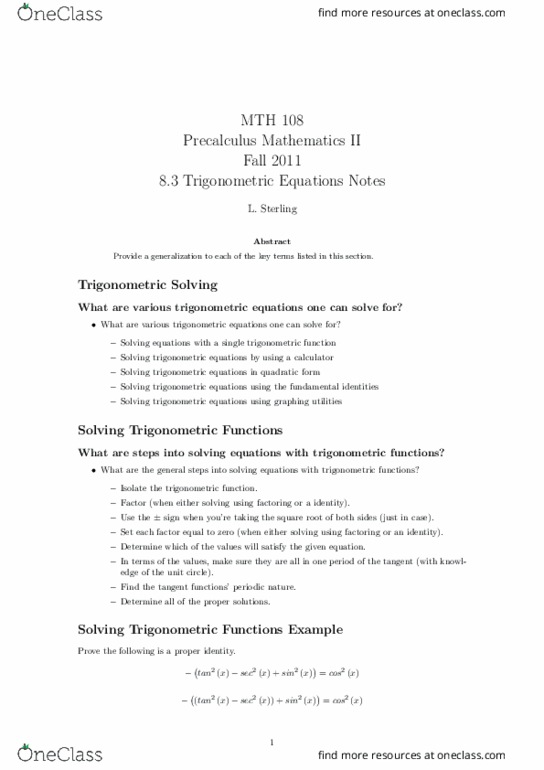 MTH 108 Lecture Notes - Lecture 12: Unit Circle, Precalculus thumbnail