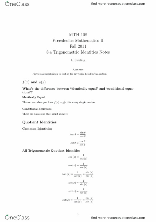 MTH 108 Lecture Notes - Lecture 13: Precalculus thumbnail