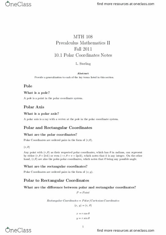 MTH 108 Lecture Notes - Lecture 21: Cartesian Coordinate System, Precalculus thumbnail