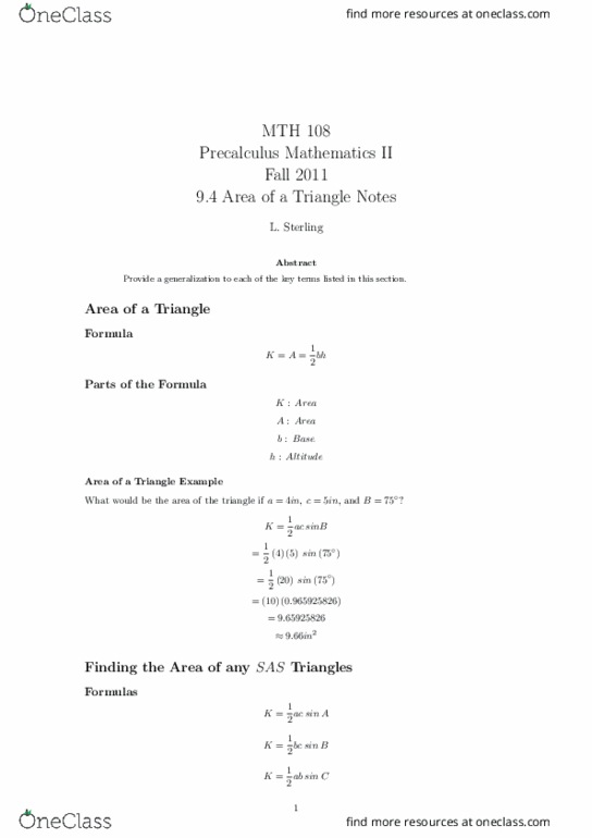 MTH 108 Lecture Notes - Lecture 20: Precalculus thumbnail