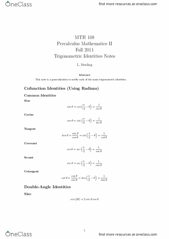 MTH 108 Lecture Notes - Lecture 24: List Of Trigonometric Identities, Trigonometric Functions, Precalculus thumbnail