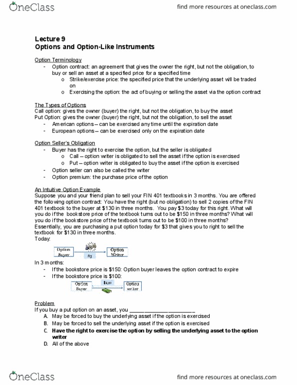 FIN 401 Lecture Notes - Lecture 9: Put Option, Call Option, Option Contract thumbnail