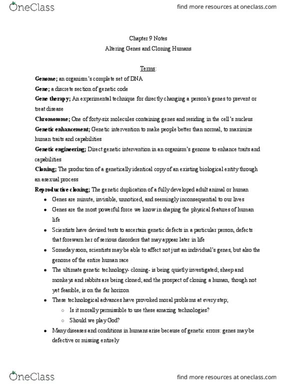 PHI 130 Lecture Notes - Lecture 6: Somatic Cell, Genetic Engineering, Cloning thumbnail