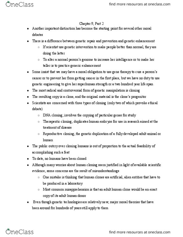 PHI 130 Lecture Notes - Lecture 7: Cloning, Somatic Cell Nuclear Transfer, Human Cloning thumbnail