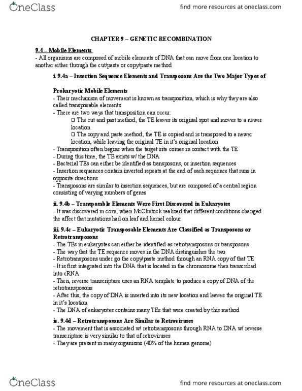 Biology 1202B Chapter Notes - Chapter 9: Chromosome, Reverse Transcriptase, Transposable Element thumbnail