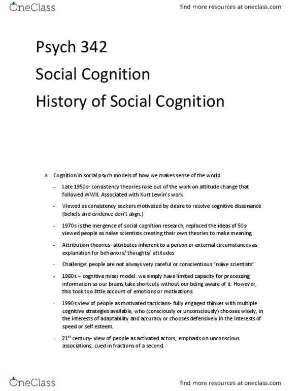 PSY 342 Lecture Notes - Lecture 3: Social Cognition, Cognitive Dissonance, Cognitive Miser thumbnail