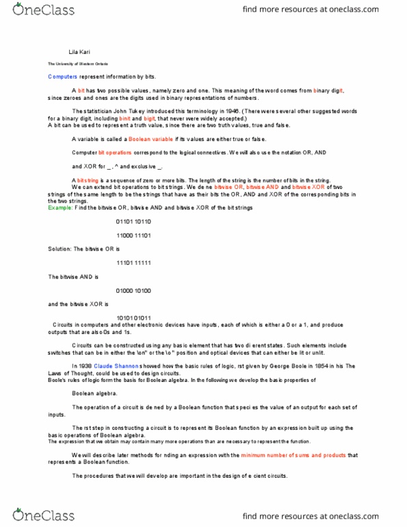 Computer Science 2209A/B Lecture Notes - Lecture 6: And Gate, Boolean Data Type, Bitwise Operation thumbnail