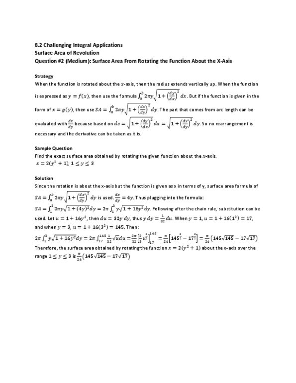 MAT136H1 Lecture : 8.2 Surface Area of Revolution Question #2 (Medium) thumbnail