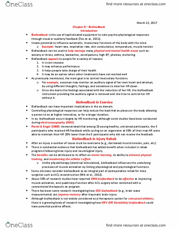 Kinesiology 3474A/B Lecture Notes - Lecture 8: Motor Learning, Physical Therapy, Cardiac Stress Test thumbnail