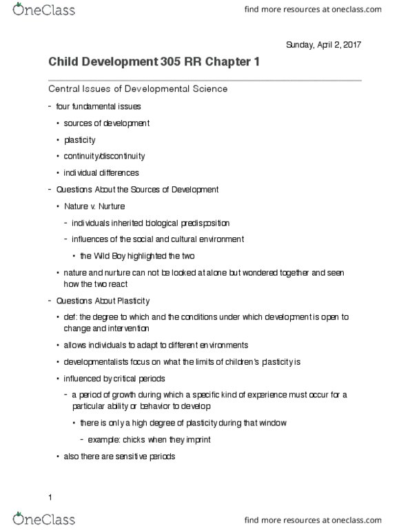 CD 305 Chapter Notes - Chapter 1.3: Developmental Science thumbnail