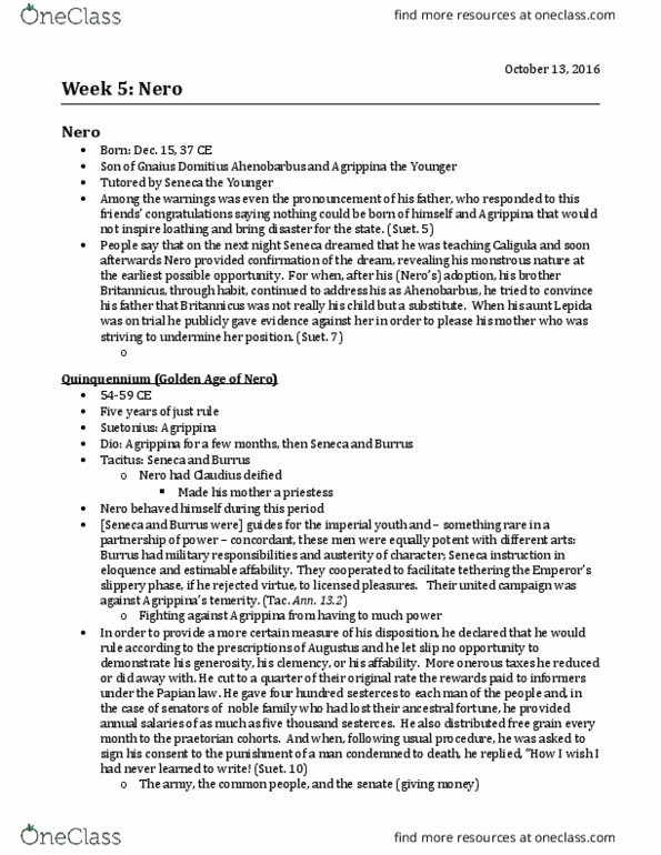 Classical Studies 2903A/B Lecture Notes - Lecture 5: Sestertius, Poppaea Sabina, Tigellinus thumbnail