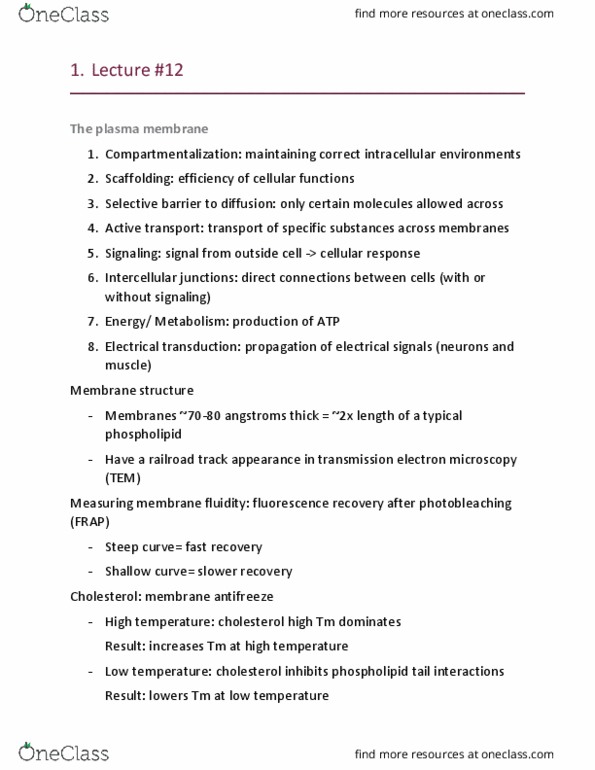 BIO 201 Lecture Notes - Lecture 12: Membrane Fluidity, Photobleaching, Cell Membrane thumbnail