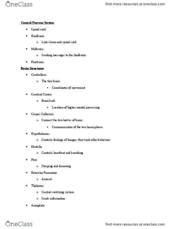 PSY 110 Lecture Notes - Lecture 3: Central Nervous System, Limbic System, Hindbrain thumbnail