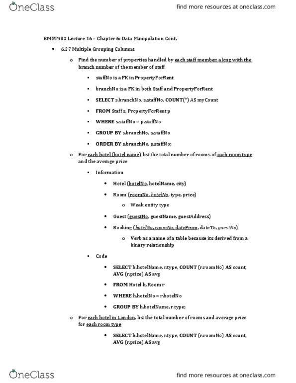 BMGT 402 Lecture Notes - Lecture 16: Aggregate Function, The London Group, Dno thumbnail