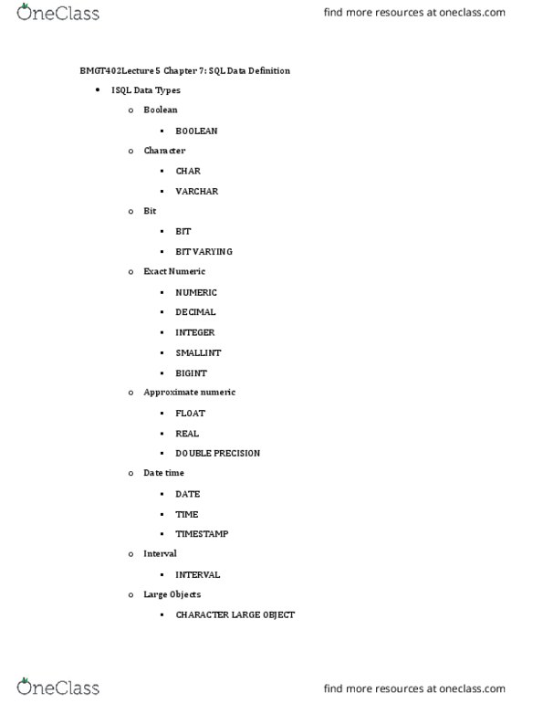 BMGT 402 Lecture Notes - Lecture 5: Referential Integrity, Unique Key, Data Definition Language thumbnail