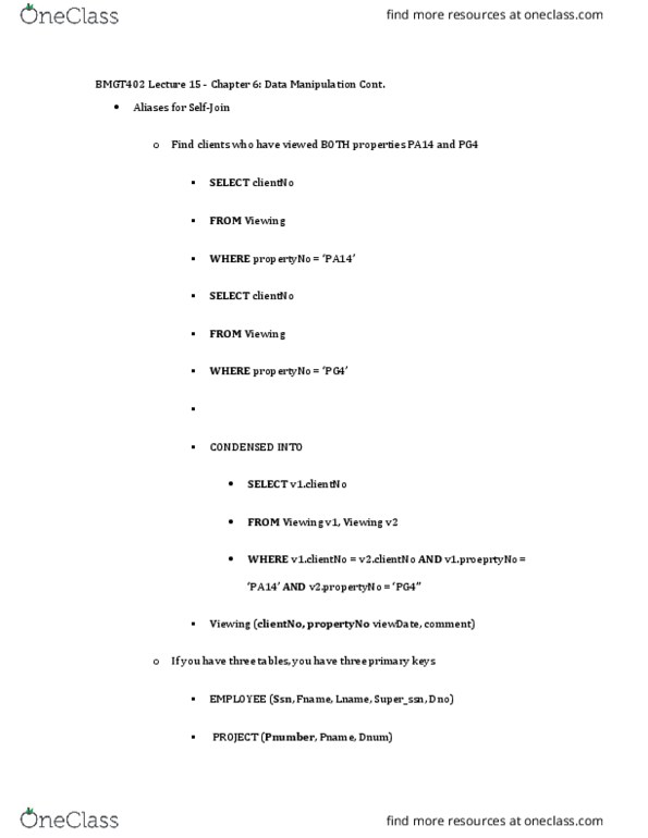 BMGT 402 Lecture Notes - Lecture 15: Dno, Aggregate Function thumbnail