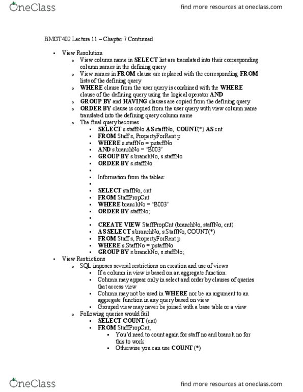BMGT 402 Lecture Notes - Lecture 11: Data Definition Language, Aggregate Function, Branch Table thumbnail