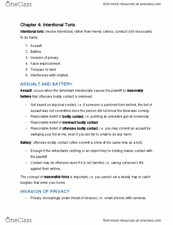 B LAW301 Lecture Notes - Lecture 4: False Imprisonment, Replevin, Detinue thumbnail