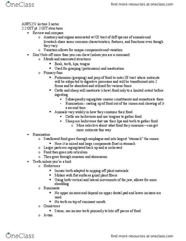 ANFS251 Lecture Notes - Lecture 3: Rumen, Incisor, Reticulorumen thumbnail