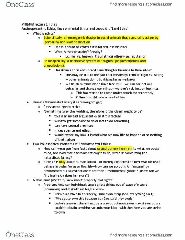 PHIL448 Lecture Notes - Lecture 1: Naturalistic Fallacy, Emergence, Land Ethic thumbnail