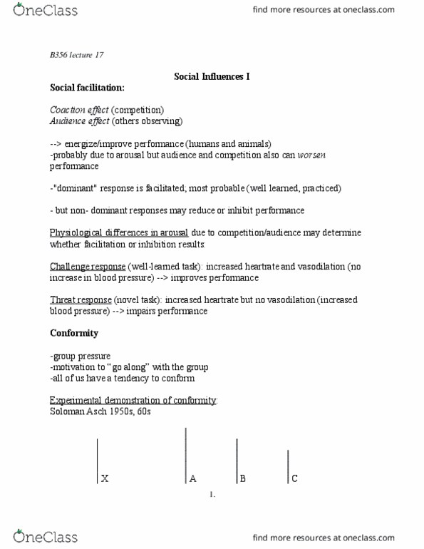 PSY-B - Psychology PSY-B 356 Lecture Notes - Lecture 17: Stanley Milgram, Peer Pressure, Social Facilitation thumbnail