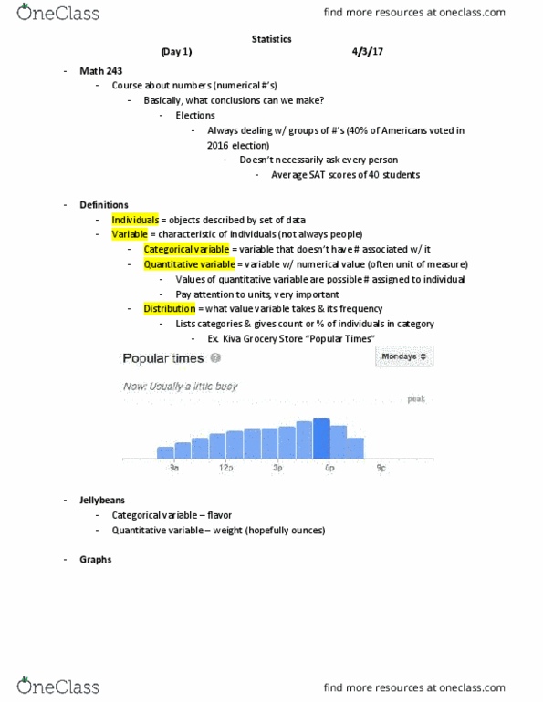 MATH 243 Lecture Notes - Lecture 1: Categorical Variable, Histogram, Pie Chart thumbnail