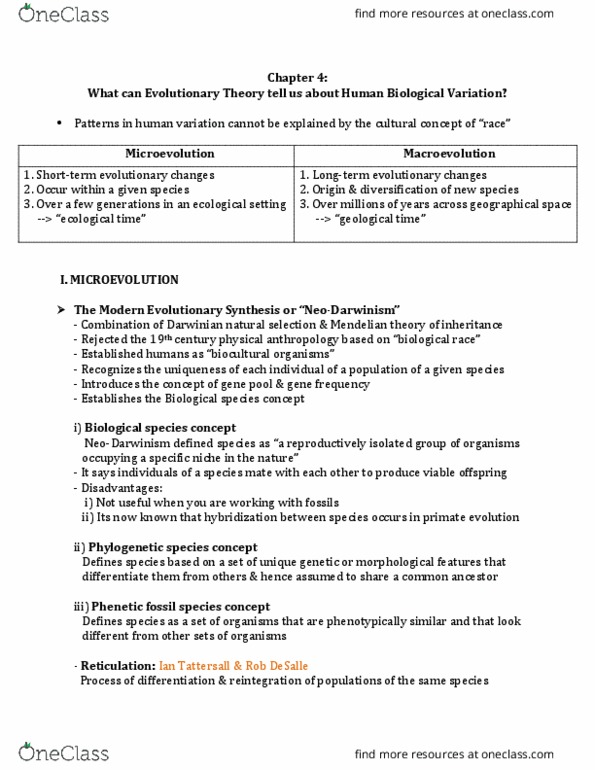 ANTHR101 Chapter Notes - Chapter 4: Niles Eldredge, Neo-Darwinism, Gene Flow thumbnail