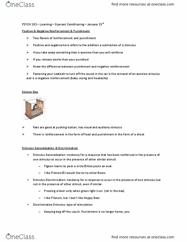 PSYCH101 Lecture Notes - Lecture 9: Operant Conditioning Chamber, Reinforcement, Operant Conditioning thumbnail