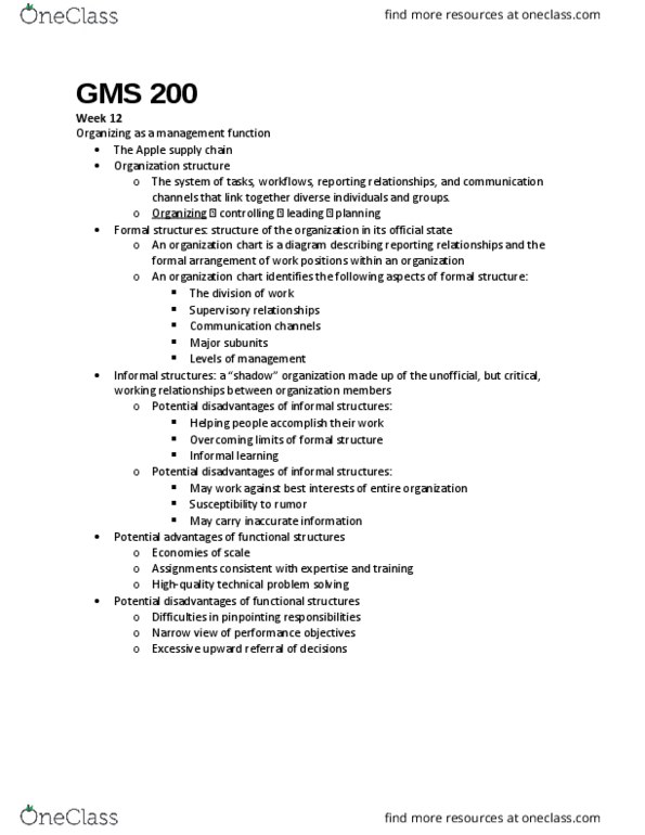 GMS 200 Lecture Notes - Lecture 11: Organizational Chart, Informal Learning, Strategic Management thumbnail
