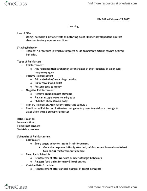 PSY 101 Lecture Notes - Lecture 13: Operant Conditioning Chamber, Operant Conditioning, Reinforcement thumbnail