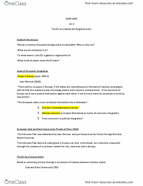 EURR 2002 Lecture Notes - Lecture 2: European Economic Community, European Atomic Energy Community, Single European Act thumbnail