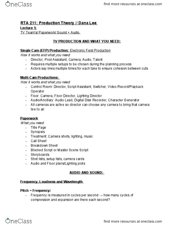 RTA 211 Lecture Notes - Lecture 1: Lavalier Microphone, Frequency Response, Mixing Console thumbnail