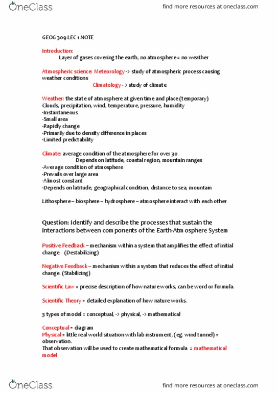 GEOG309 Lecture Notes - Lecture 1: Thermosphere, Tropopause, Atmospheric Sciences thumbnail