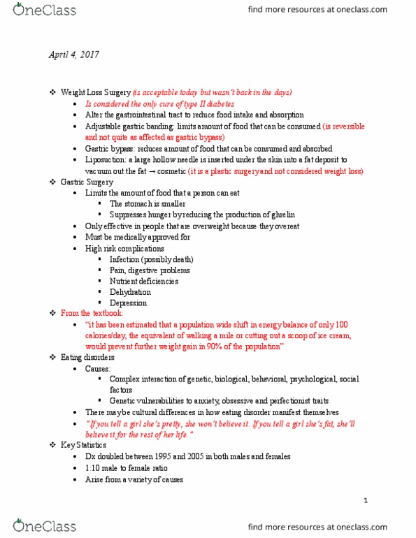 HUN 2201 Lecture Notes - Lecture 25: Gastric Bypass Surgery, Binge Eating, Hypotension thumbnail