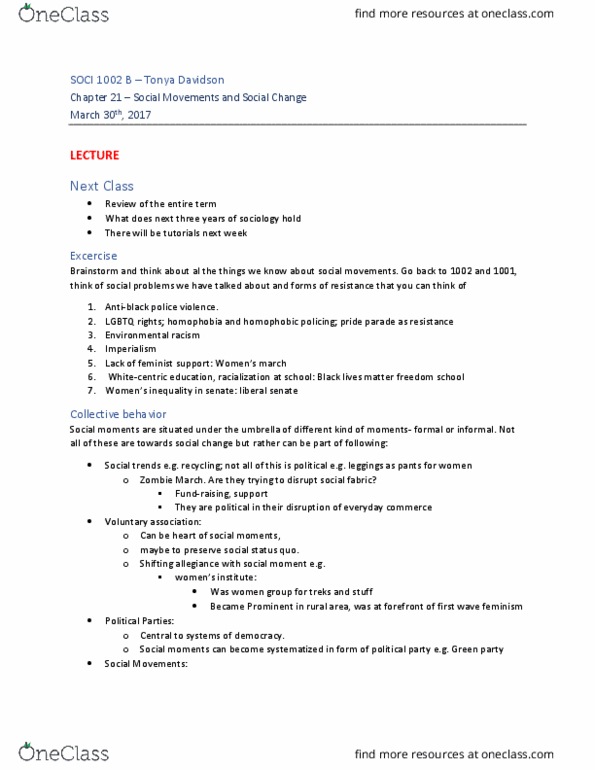 SOCI 1002 Lecture Notes - Lecture 12: Social Movement Theory, Tiny House Movement, Civil Disobedience thumbnail