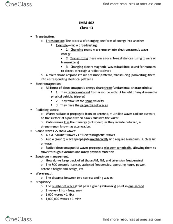 JMM 102 Lecture Notes - Lecture 13: Very High Frequency, Dumont Television Network, Carrier Wave thumbnail