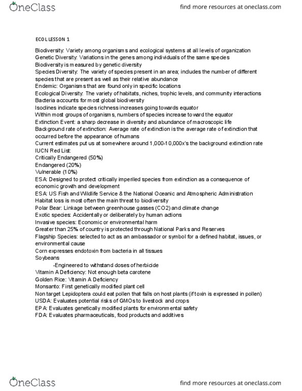 ECOL 1000 Lecture Notes - Lecture 1: Conservation Biology, Radioactive Contamination, Insular Biogeography thumbnail