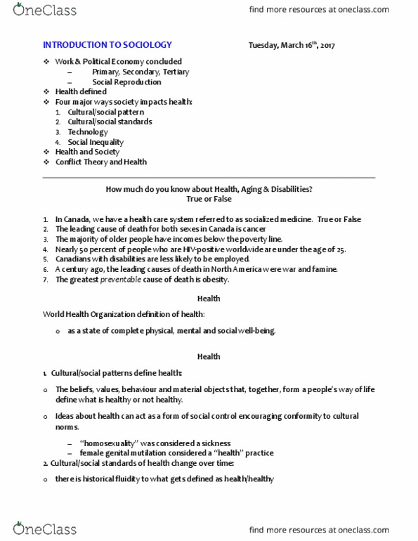 SOCI 1F90 Lecture Notes - Lecture 9: Class Discrimination, Alcoholism, Medicalization thumbnail