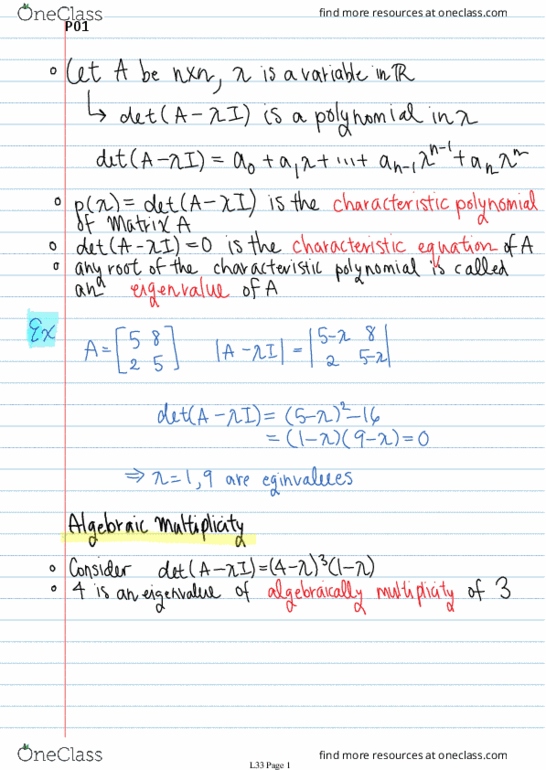 MATH136 Lecture 33: Characteristic Polynomial, Eigenvalue, Algebraic Multiplicity thumbnail