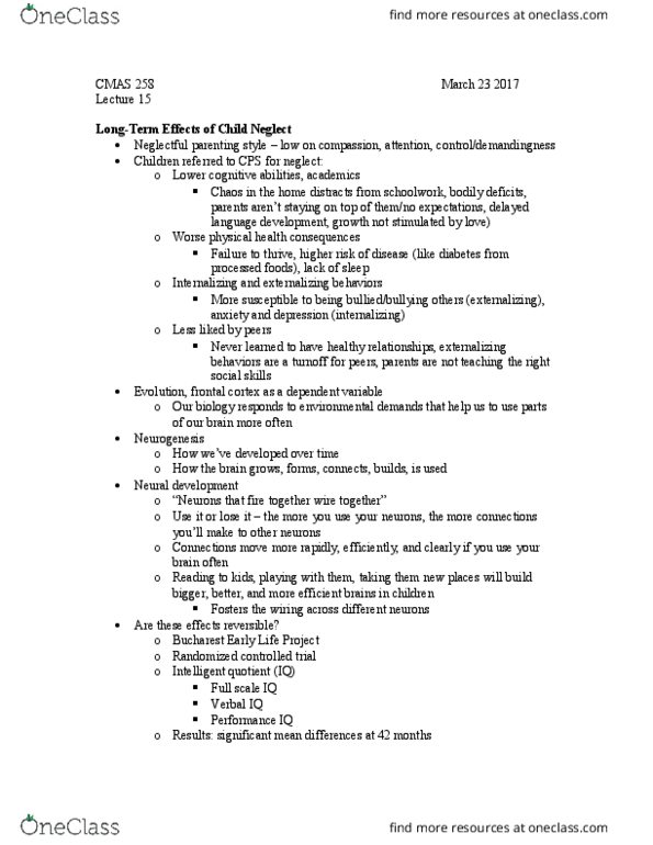 HD FS 258 Lecture Notes - Lecture 15: Randomized Controlled Trial, Neural Development, Frontal Lobe thumbnail