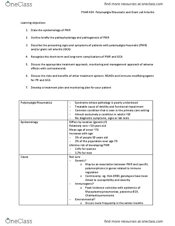 PHAR 454 Lecture Notes - Lecture 8: Erythrocyte Sedimentation Rate, Pelvic Girdle Pain, C-Reactive Protein thumbnail